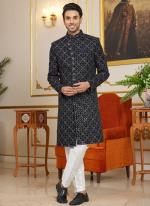 Art Silk Black Wedding Wear Thread Work Readymade Indo Western Sherwani